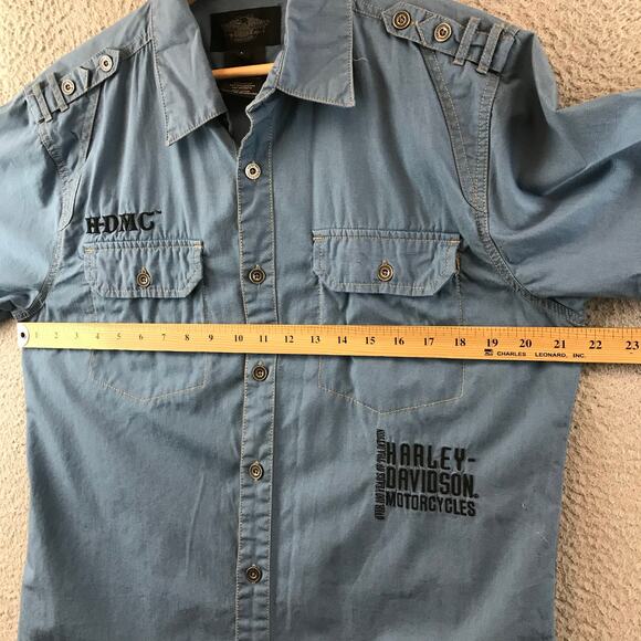 HARLEY DAVIDSON DARK KUSTOM MENS L BUTTON FRONT BLUE HDMC SHIRT - Picture 6 of 8